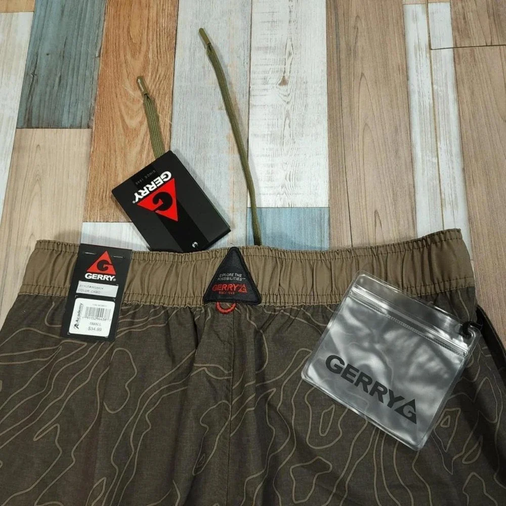 Gerry Mens Board Shorts‎ Olive Camo Topographic Swim Trunks Cargo Pocket Sm NEW
